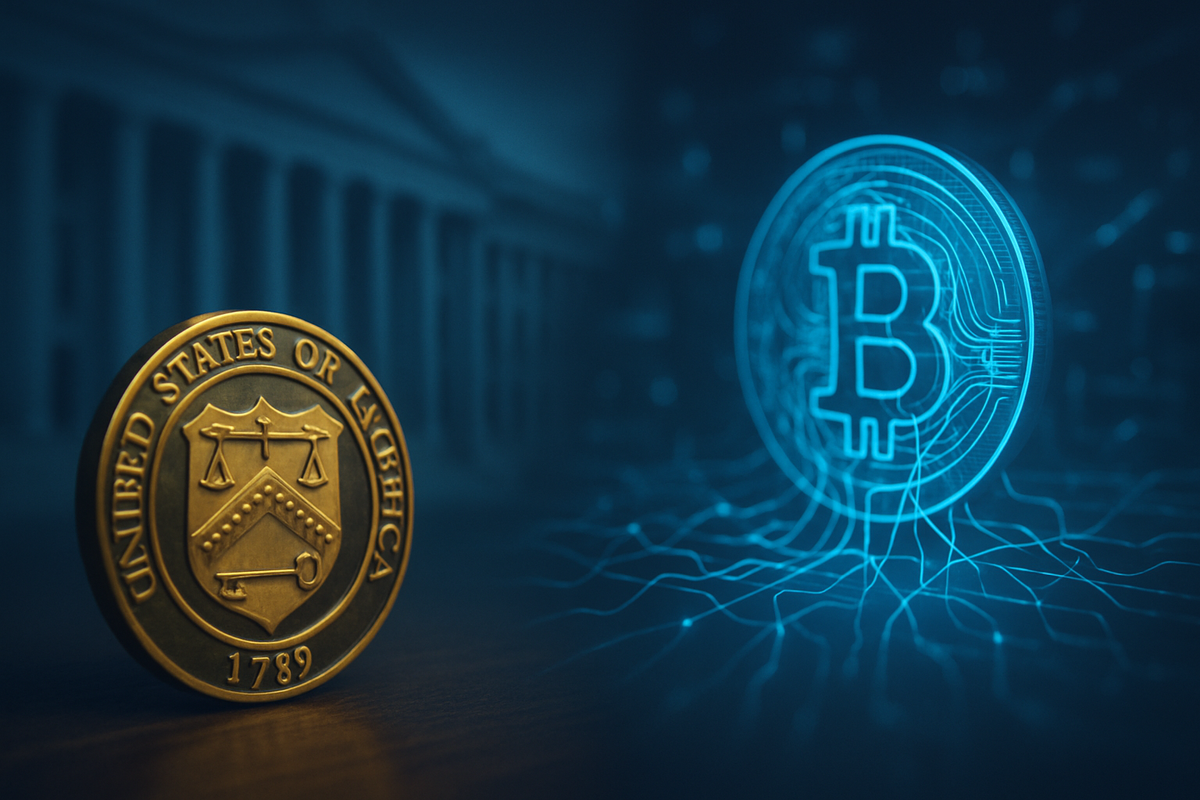 Illustration of a regulated crypto mixer with shield icons and compliance checkmarks symbolizing privacy and legal compliance in cryptocurrency transactions.