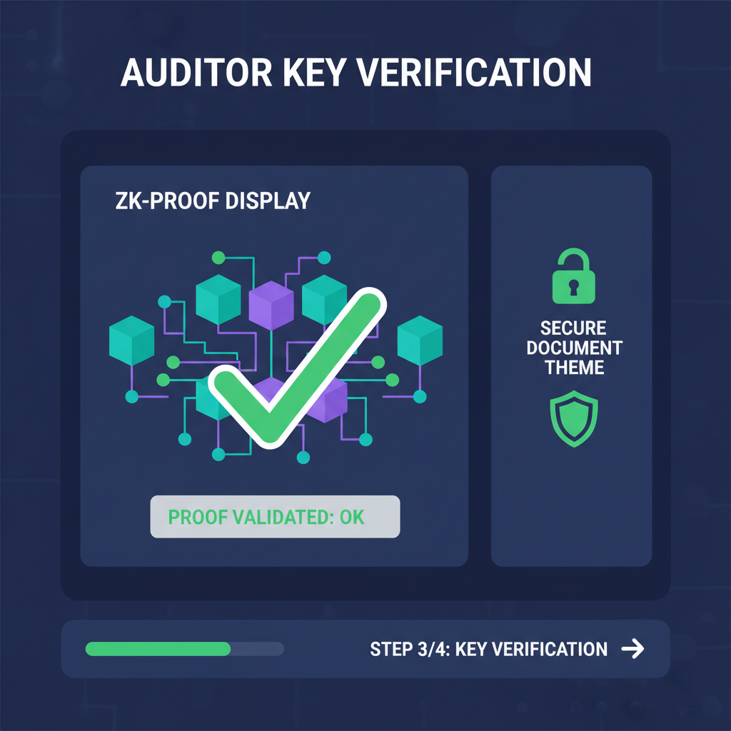 auditor key verification interface, zk-proof display, checkmark validation, secure document theme