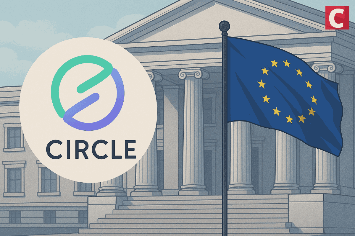 EU flag overlaid with Bitcoin symbols and MiCA compliance badge, illustrating regulated crypto mixers for EU users under 2026 rules featuring Wasabi Wallet, JoinMarket, Cake Wallet, SideShift.ai, Trocador