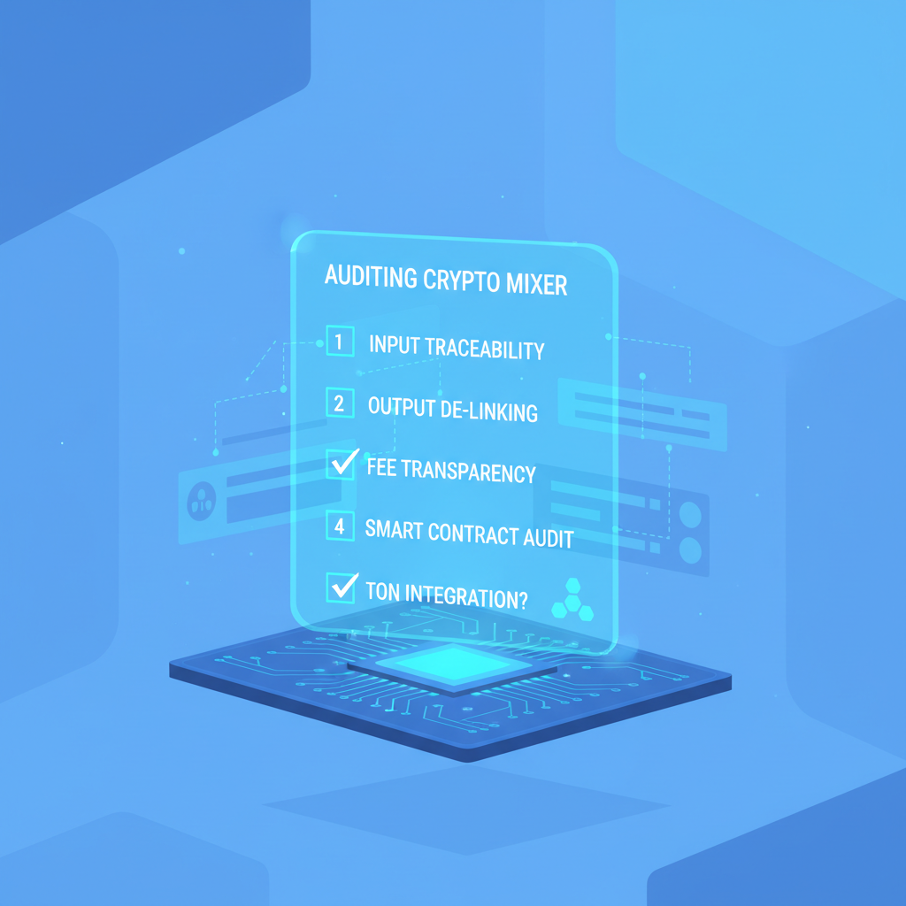 holographic checklist auditing crypto mixer with TON logo, futuristic blue tones