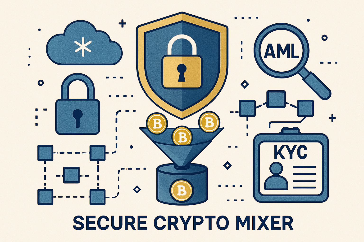 Illustration of a secure crypto mixer balancing privacy and regulatory compliance with symbols like shield, lock, blockchain, and KYC/AML icons