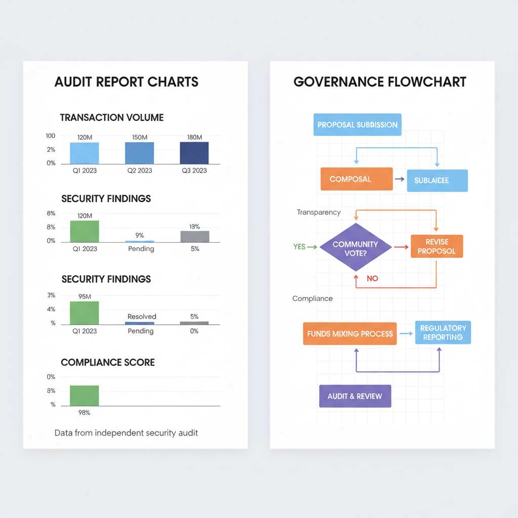 Audit report charts and governance flowchart for crypto mixer, data-driven professional visualization