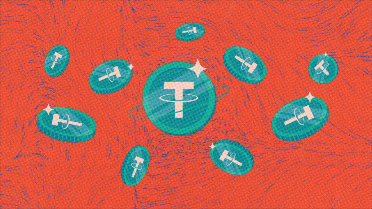 Illustration of USDT tokens securely transferring between Ethereum, Tron, and Solana blockchains in 2025