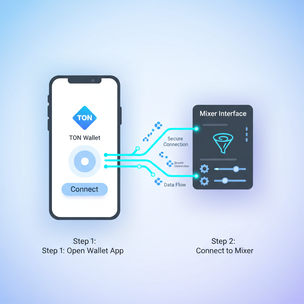 TON wallet app connecting seamlessly to mixer interface, glowing blockchain links