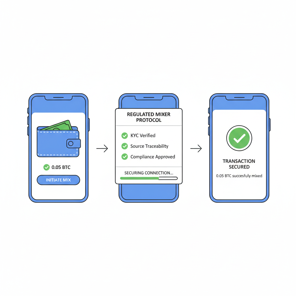 user depositing small crypto amount into regulated mixer app, wallet interface, green checkmarks, secure transaction flow